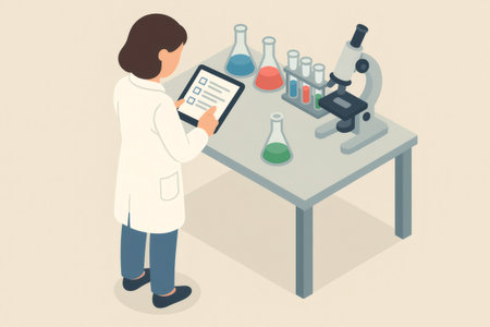 Scientist performing laboratory research, digitally recording experiment results and scientific data on a tabletの素材