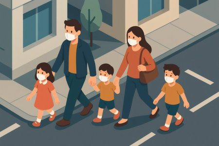 Family wearing protective masks walking together on a city street, parents holding children's hands for safetyの素材