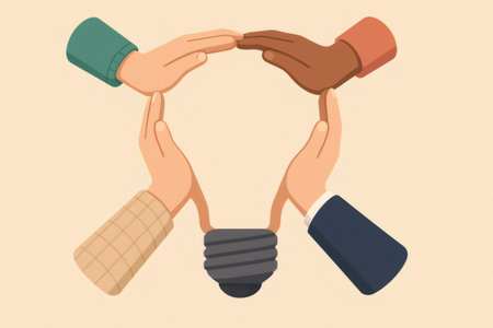 Hands from different backgrounds together creating a lightbulb, symbolizing teamwork, innovation, and idea generationの素材
