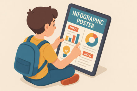 Young student learning from an infographic poster displayed on a digital tablet, focusing on data visualization and informationの素材