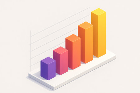 3D isometric bar chart showing increasing colorful bars on a white base, representing business data, statistics, and growthの素材