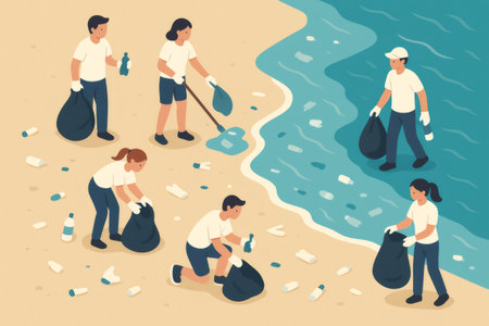People volunteering collecting trash and plastic bottles from the seashore, working together for environmental protection and conservationの素材