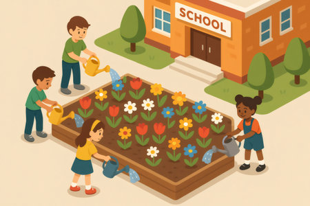 Diverse school children learning about nature, caring for a vibrant flower elementary garden on school groundsの素材