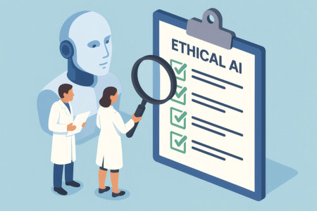 Researchers checking ethical artificial intelligence parameters on a clipboard, ensuring responsible AI development and complianceの素材