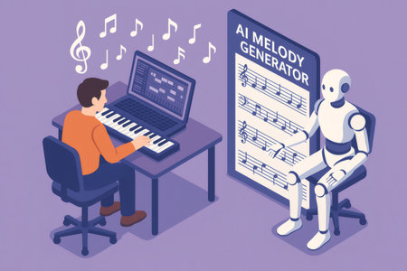 Human composer collaborating with artificial intelligence, using a digital piano and laptop to generate new melodies and compositionsの素材