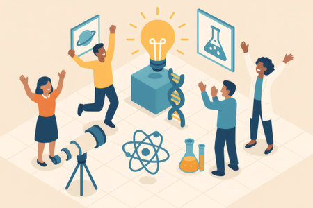 Diverse team of scientists and students celebrating scientific breakthroughs and new ideas, surrounded by research symbolsの素材
