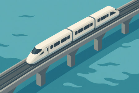 Modern train quickly moving across an elevated railway bridge over blue water. Concept of rapid transportation and advanced infrastructureの素材