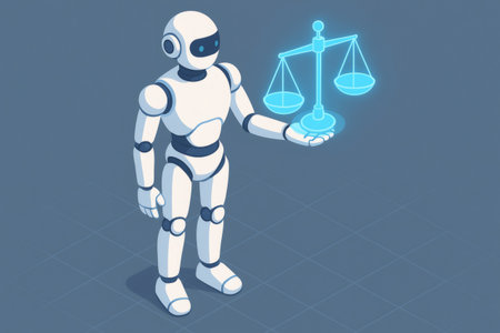 Robot hand presenting glowing legal balance symbol representing AI ethics, fairness, law, and automated judgment in technologyの素材