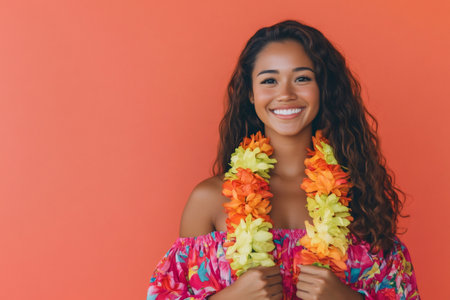 Cheerful young woman holding lei and smiling, celebrating culture and happiness with a vibrant backgroundの素材