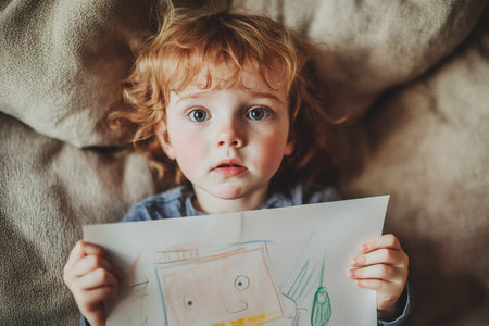 Young child with ginger curly hair holding up a handmade crayon drawing. Expressing creativity and imaginationの素材
