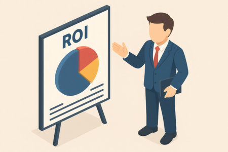 Businessman explaining financial performance, using a pie chart and displaying the ROI acronym on a presentation boardの素材