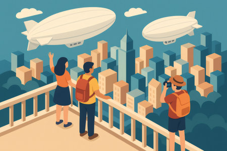 People on a rooftop viewing airships flying above a bustling city skyline, illustrating urban tourism and explorationの素材