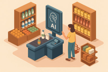 Woman shopping at a retail store, using an AI assisted self checkout counter, experiencing modern smart technology in commerceの素材