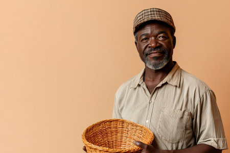 Mature African man holding an empty handmade woven basket, smiling calmly at camera confident, friendly portrait with copy spaceの素材