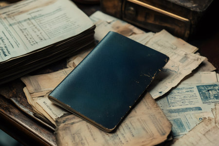 Old, dark blue passport cover resting on a pile of aged, stamped papers and other historical documentsの素材