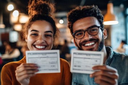 Happy young man and woman smiling at the camera, holding up small tickets or certificates, celebrating an exciting eventの素材