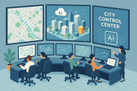Operators working in a smart city control center, managing and analyzing urban data using artificial intelligence on multiple screensの素材
