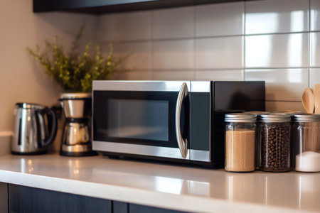 Home kitchen counter featuring various appliances like a microwave, coffee maker, and kettle alongside jars filled with breakfast essentialsの素材