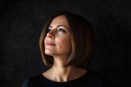 Woman with short brown hair looking up, contemplating future prospects against a dark background. Peaceful and optimistic imagesの素材