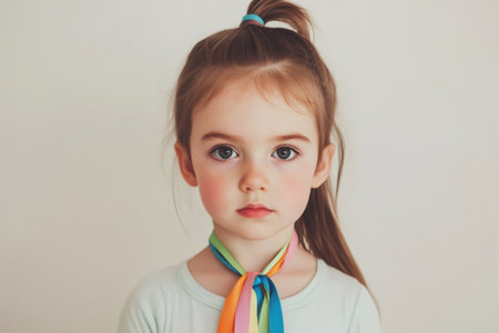 Small girl with big eyes and a ponytail wearing a bright rainbow ribbon, symbolizing childhood innocence and uniquenessの素材