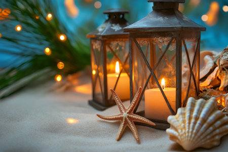Warm glow from lanterns and fairy lights illuminating beach themed holiday decorations, creating a festive, relaxing ambianceの素材