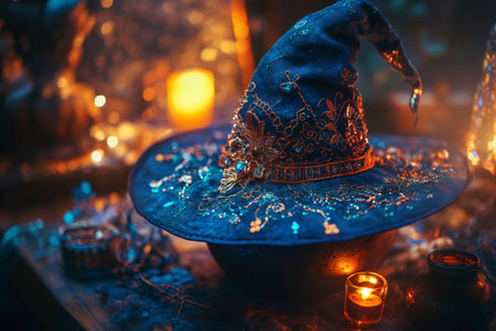 Ornate witch hat resting on a cauldron, surrounded by ambient candlelight and magical glow, symbolizing enchantment and mysticismの素材