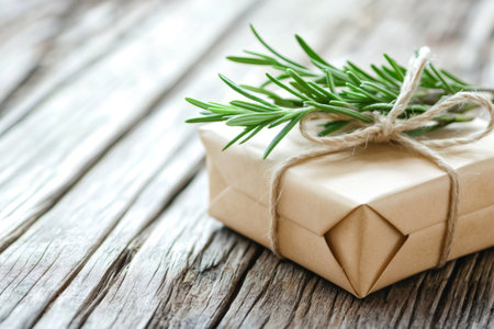Kraft paper gift box tied with rustic twine and decorated with a fresh rosemary sprig, resting on weathered wooden planksの素材