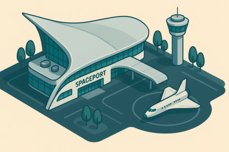 Modern spaceport building with a control tower and a space shuttle on the landing pad, representing future travel and explorationの素材