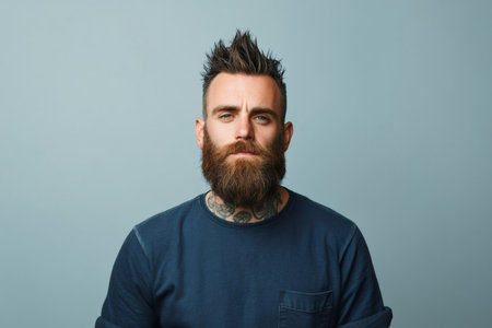 Bearded man with spiky hair and neck tattoos, posing confidently in studio portrait with serious, stylish expressionの素材