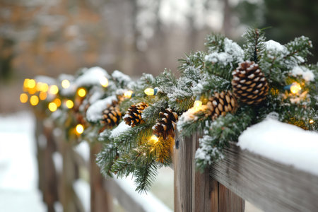 Pine branches with pinecones and illuminated string lights decorating a rustic wooden fence covered in fresh snow, creating a festive winter outdoor sceneの素材