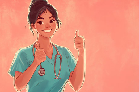 Healthcare professional in scrubs and stethoscope showing approval gesture, representing good news and well beingの素材