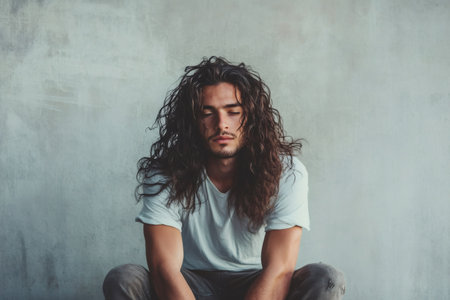 Young man wearing a white t shirt sitting against a gray wall, eyes closed, reflecting with long dark hairの素材