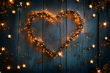 String lights creating a glowing heart shape on a dark blue wooden background with scattered sparkling star decorations and glitterの素材