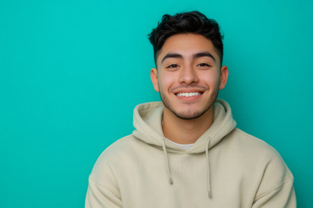 Young Hispanic man smiling, wearing a casual hoodie, standing against a teal background. Representing youth, happiness, and positivityの素材