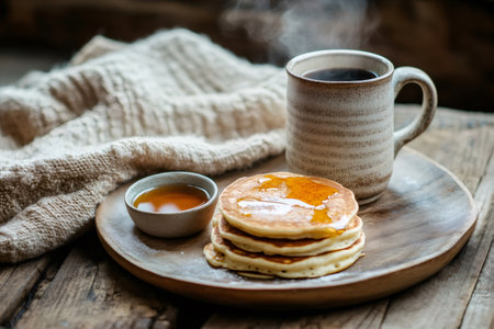 Cozy morning breakfast featuring golden pancakes drizzled with honey, a warm steaming coffee, and rustic texturesの素材