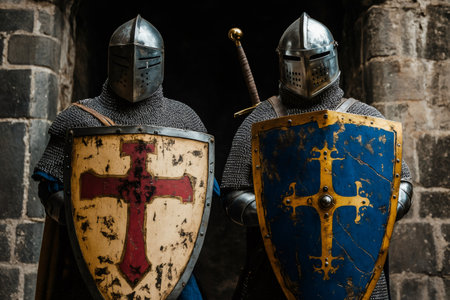 Two armored knights standing side by side, holding heraldic shields and wearing chainmail and helmetsの素材