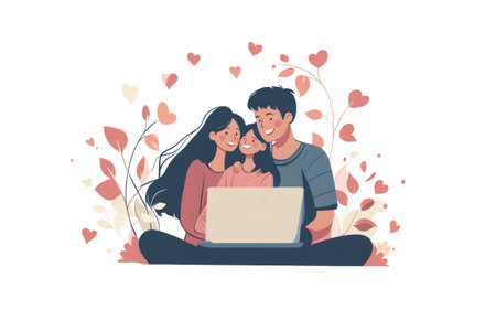 Happy family, parents and child, sitting together using a laptop for video communication, surrounded by hearts and leavesの素材