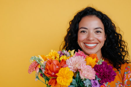 Young Latinx woman smiling broadly, holding a vibrant bouquet of various colorful flowers against a bright yellow backgroundの素材