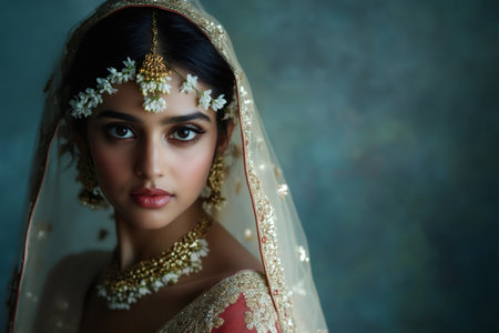 Indian woman in a bridal sari, adorned with intricate gold and floral jewelry against a blue green backgroundの素材