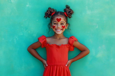 Young girl wearing a red dress and heart shaped face paint, standing against a teal wall, feeling joy and funの素材
