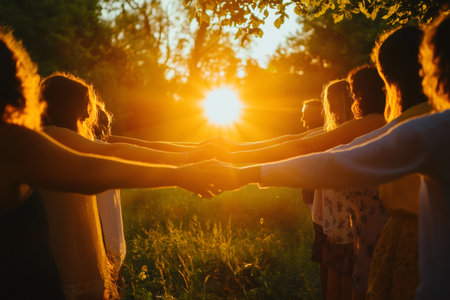 Group of women holding hands outdoors, creating connection and unity at sunset, symbolizing community and well beingの素材
