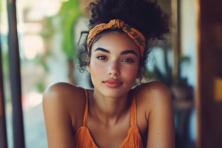Young woman confidently posing for a portrait. She has a natural look, with a stylish messy bun and an orange patterned headbandの素材
