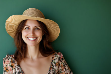 Happy 40s caucasian woman smiling at camera, wearing a straw hat and floral dress against a green backgroundの素材