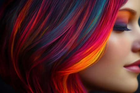 Woman's profile with flowing, rainbow colored hair reflecting a bold fashion statement and artistic expressionの素材