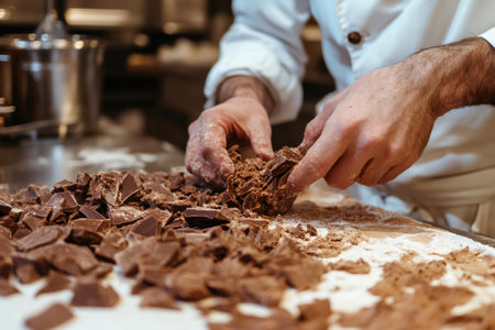 Chef's hands carefully gathering chocolate chunks and cocoa powder on a surface, preparing ingredients for a sweet confectionの素材
