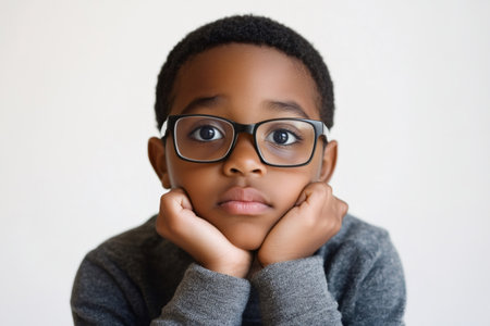 Young black boy wearing glasses and gray sweater, resting chin on hands, looking thoughtfully at cameraの素材