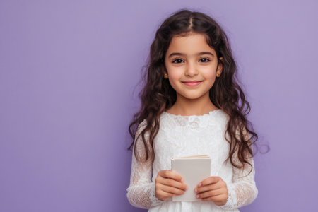 Smiling young Middle Eastern girl holding a blank book, promoting concepts of childhood, education, and innocence. Purple backgroundの素材