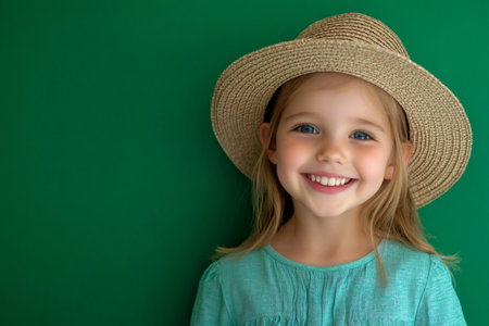 Young girl smiling broadly, wearing a straw sunhat in front of a green background, conveying joy and childhood happinessの素材