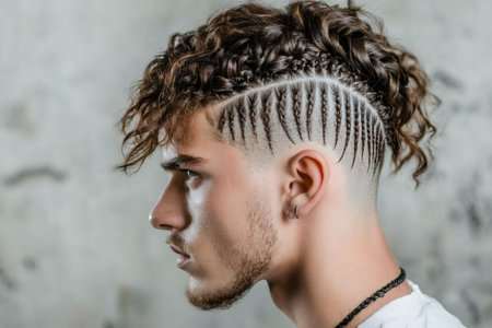Young man wearing stylish cornrows and curly hair, exhibiting individual style and a modern grooming trendの素材