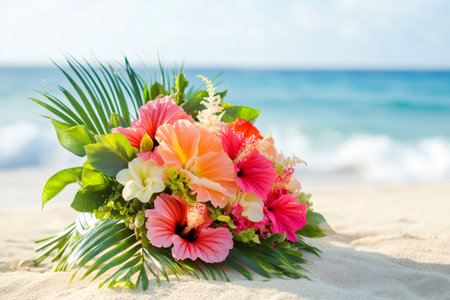 Colorful hibiscus and lush foliage create a beautiful wedding bouquet, celebrating beach romance by the shimmering tropical oceanの素材
